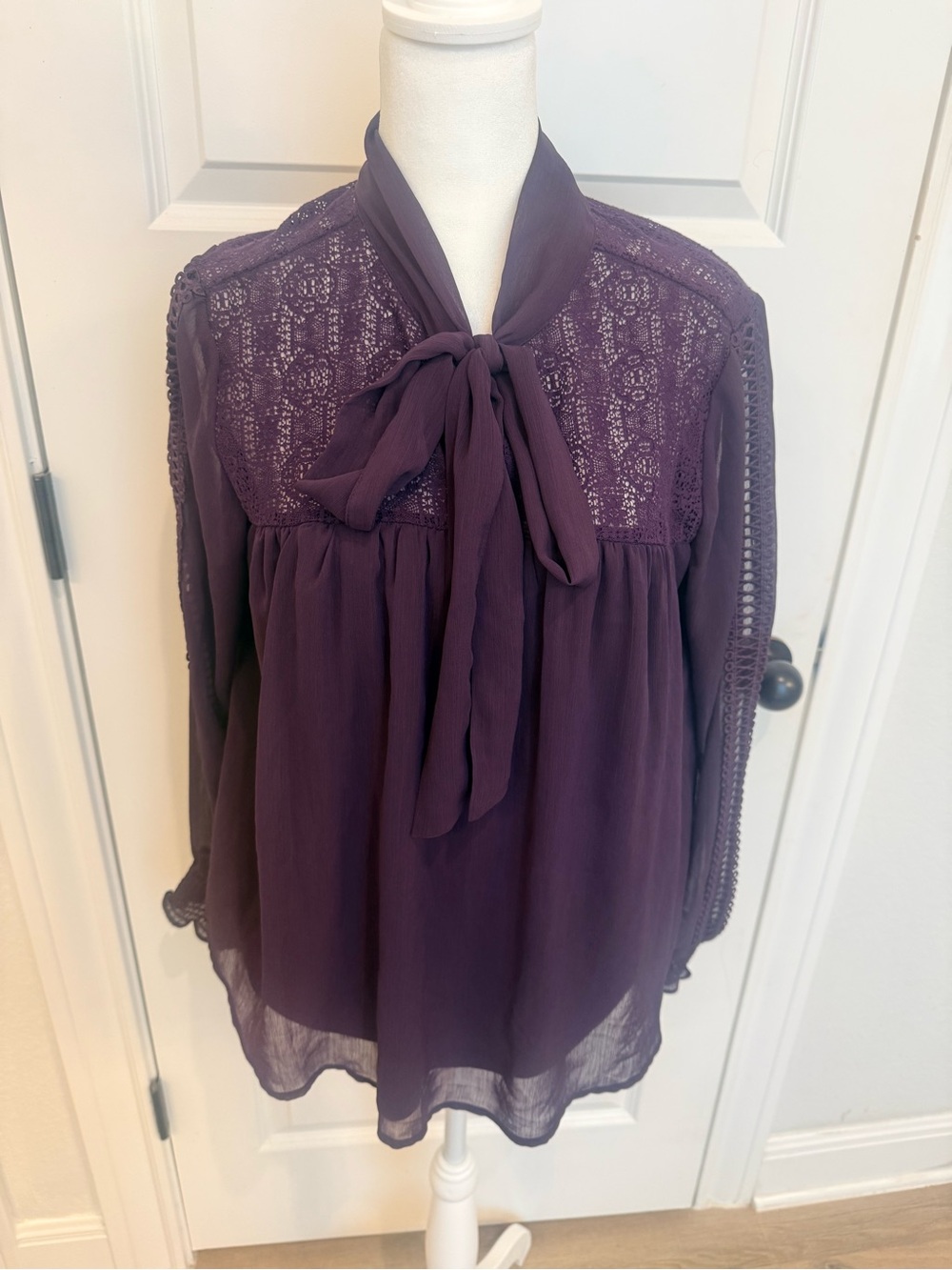 Women's Purple Tie-Neck Lace Yoke Blouse- 0006